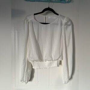 ASTR smocked satin top ivory white round neck long sleeve blouse size small